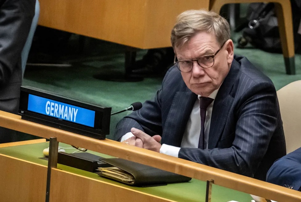 Johann Wadephul seated behind the Germany nameplate in the United Nations General Assembly hall